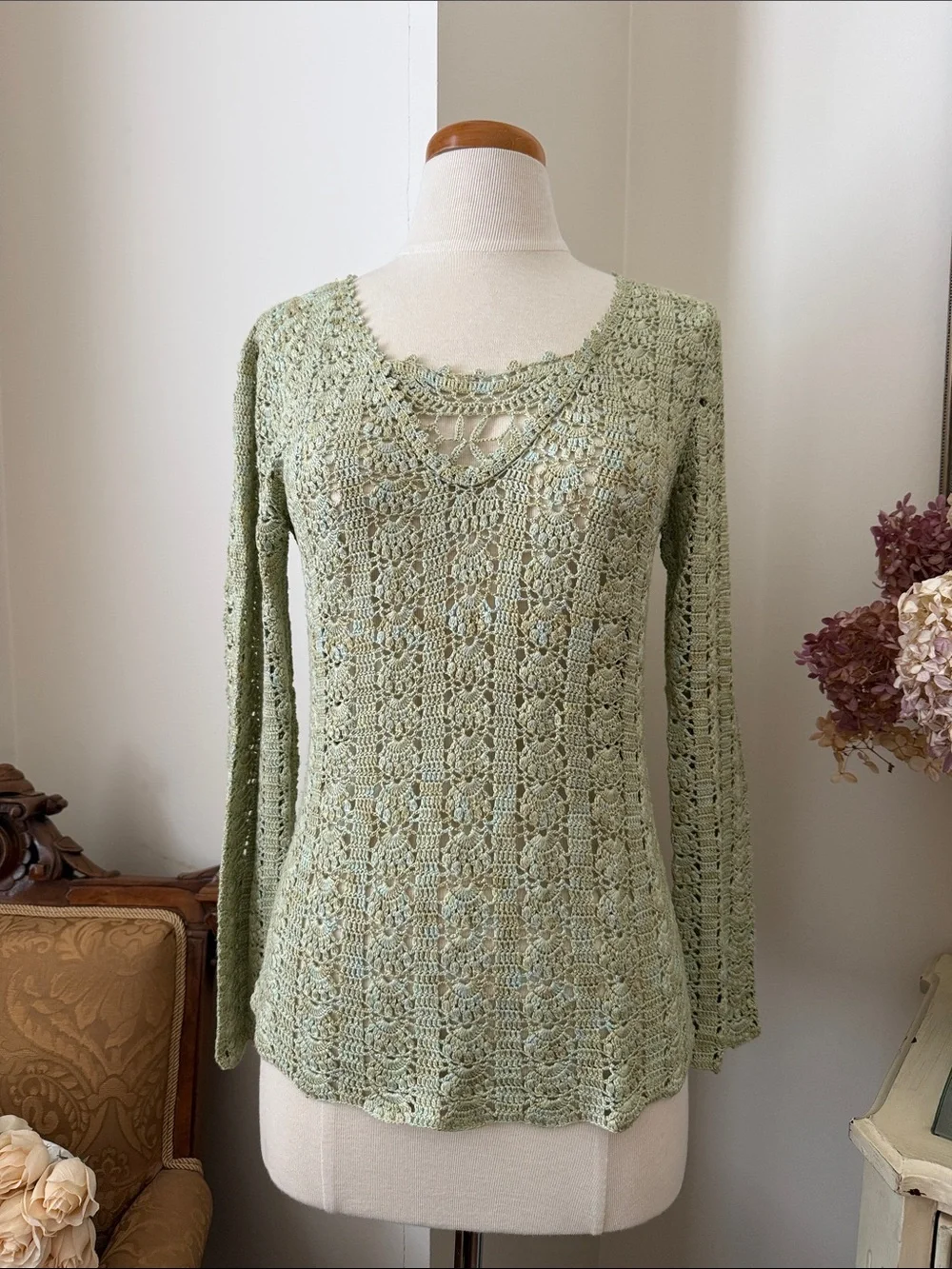 Light Sage/khaki Crochet Knit Long Sleeve Top